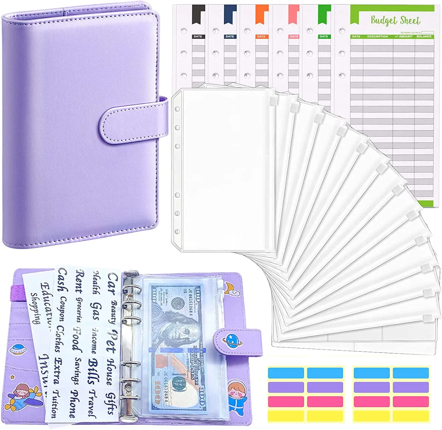 Wholesale-solid color-Budget-Binder-sets-with-Cash-Envelopes-stickers