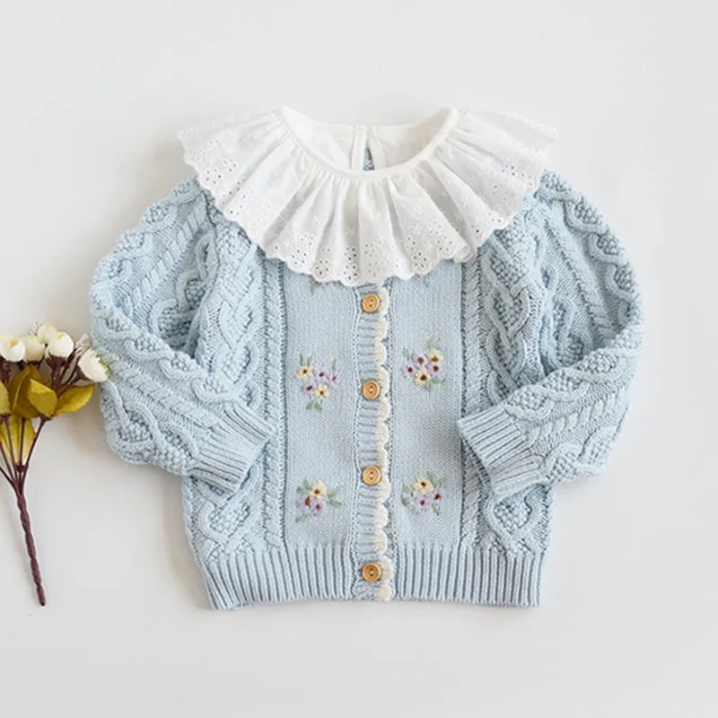 Baby Sweater For Girls Cardigan Hand Made Embroidery Flower White Fall Wholesale Kids Children Clothing Boutiques