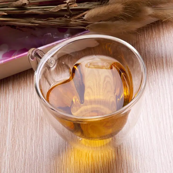 
O351 180ml/240ml Love Double Wall Resistant Tea Beer Glasses Couple Cups Lemon Juice Cup Heart Shaped Glass Mug 