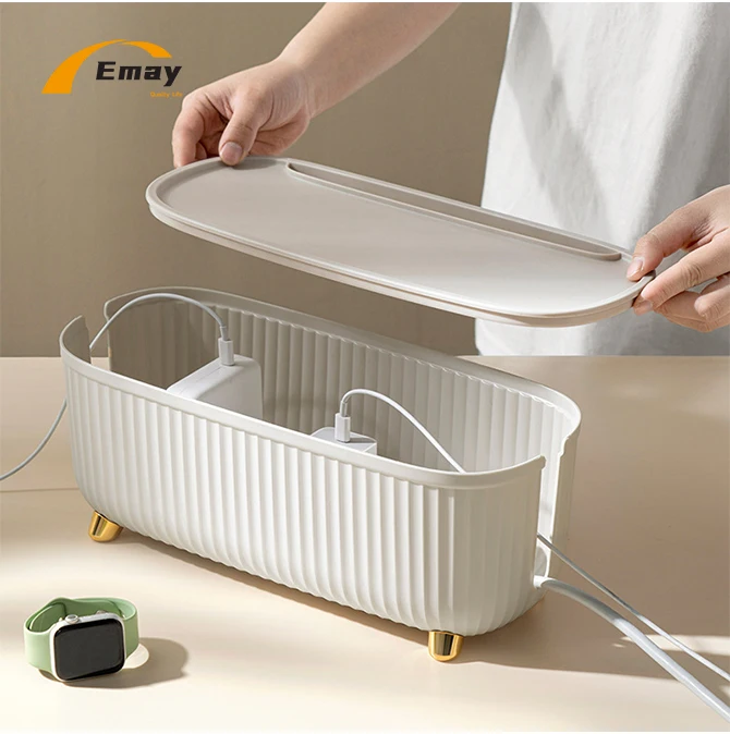 Plastic Desktop Storage Box with Lid USB Cable Wires Management Socket Sleeve to Hide Wires Cables for Home Office