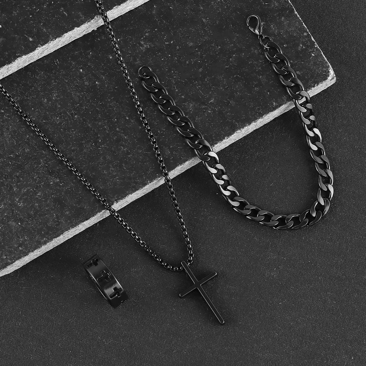 Оптовая продажа черный серебряный золотой хип-хоп кубинское колье цепочка браслет кольцо набор из 3 предметов мужской крест ожерелье комплект украшений