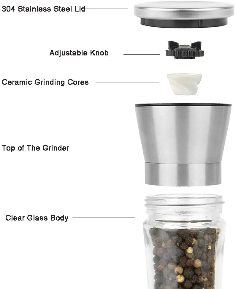 Premium 160ml manual salt and pepper grinder stainless steel lid kitchen small glass spice jars