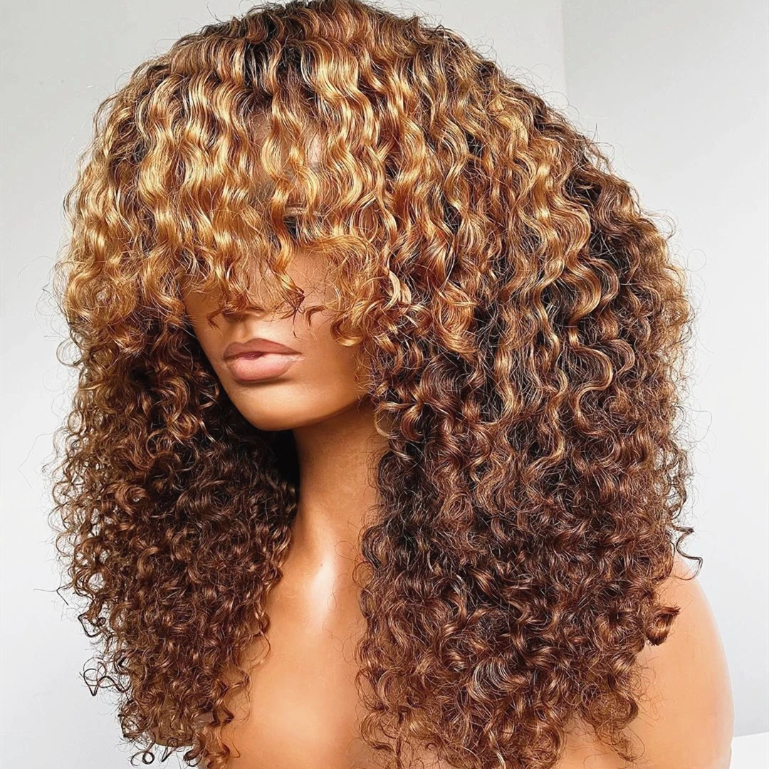 High Density Ombre Blonde Curly Bob Full Virgin Brazilian Cuticle Aligned Human Hair Lace Front Wigs With Bang