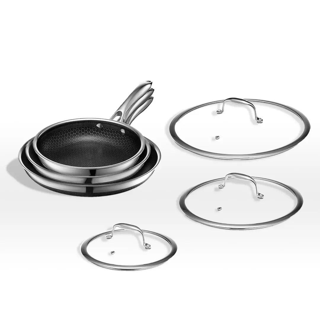HexClad Hybrid Nonstick 6-Piece Fry Pan Set with Tempered Glass Lids Stay-Cool Handles Dishwasher and Oven Safe Induction Ready
