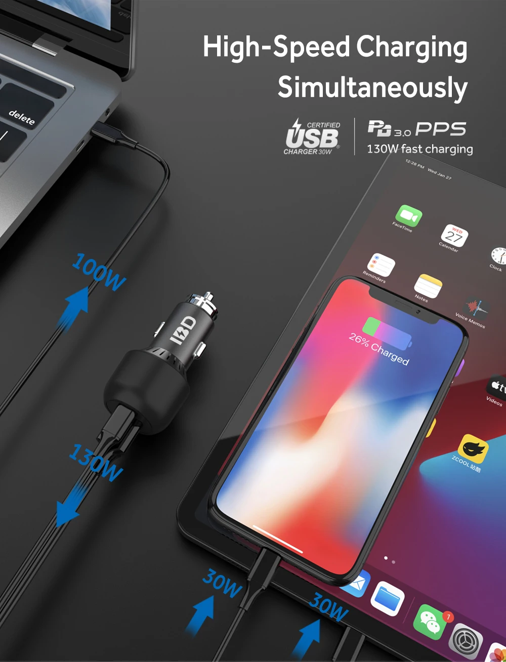 IBD 2022 New Product 100W 3 Port Car Usb Qc 3.0 Charger Fast Charging Quick Charge Type-C 3 Usb Car Charger For Phone