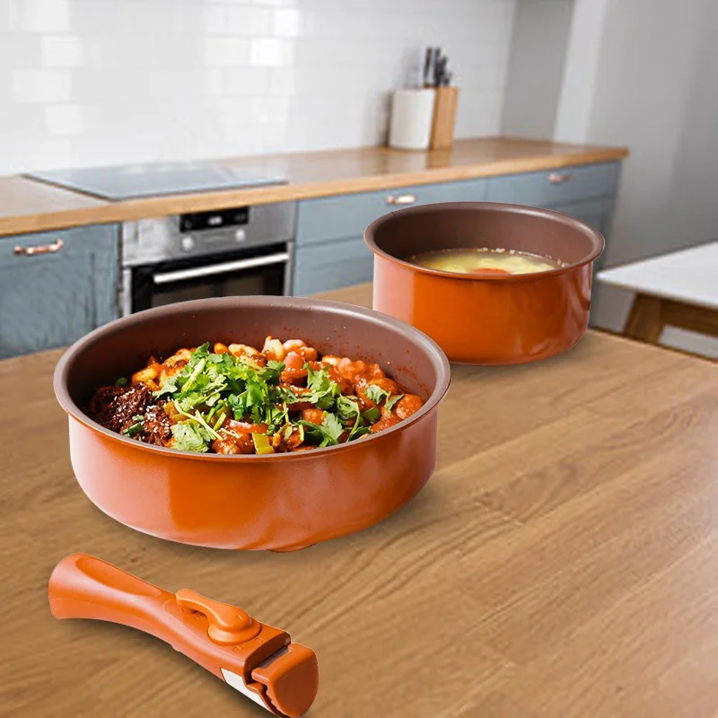 China Reliable Aluminum Non Stick Pots Pans Outdoor Camping / Kitchen Cookware set with Detachable Handle