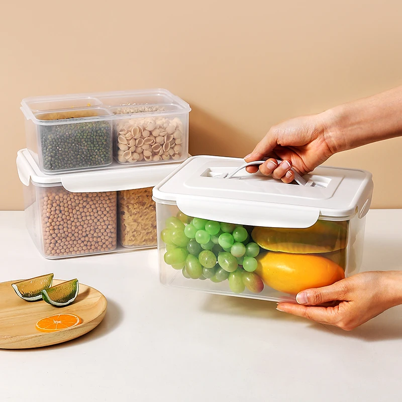 Multifunctional 4 Compartment Dry Food Container Rectangle-shaped Bagasse Storage Box Plastic Seal Fresh-keeping Grain Box