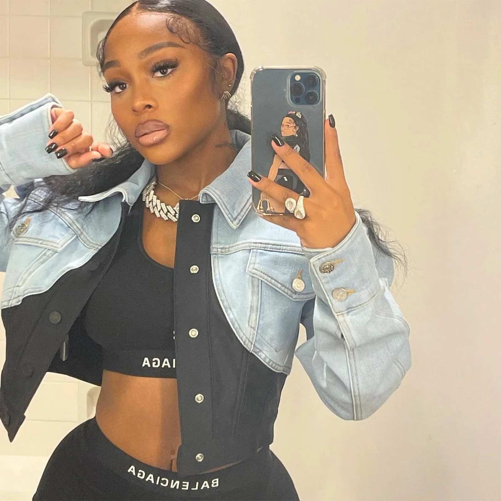 2022 Women Fashion Sexy Outfit Stylish Cool Plain Black Long Sleeve Button Up Cropped Top Denim Jacket