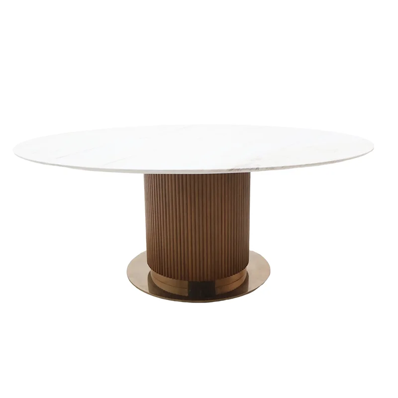 Nordic Modern Circle Dinning Room Furniture Kitchen Marble Table Top and Stainless Steel Base Cylinder Oval Dining