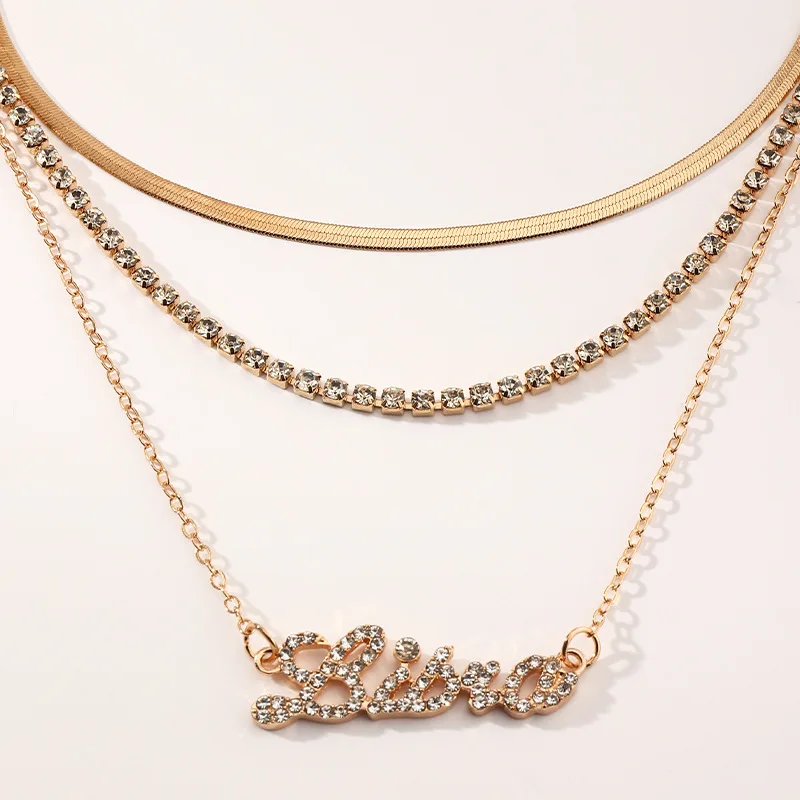 Personalised 12 Horoscope Dainty Women Stainless Steel Multi Layer Zircon Zodiac Sign Necklace Gold Plated Snake Chain Necklace