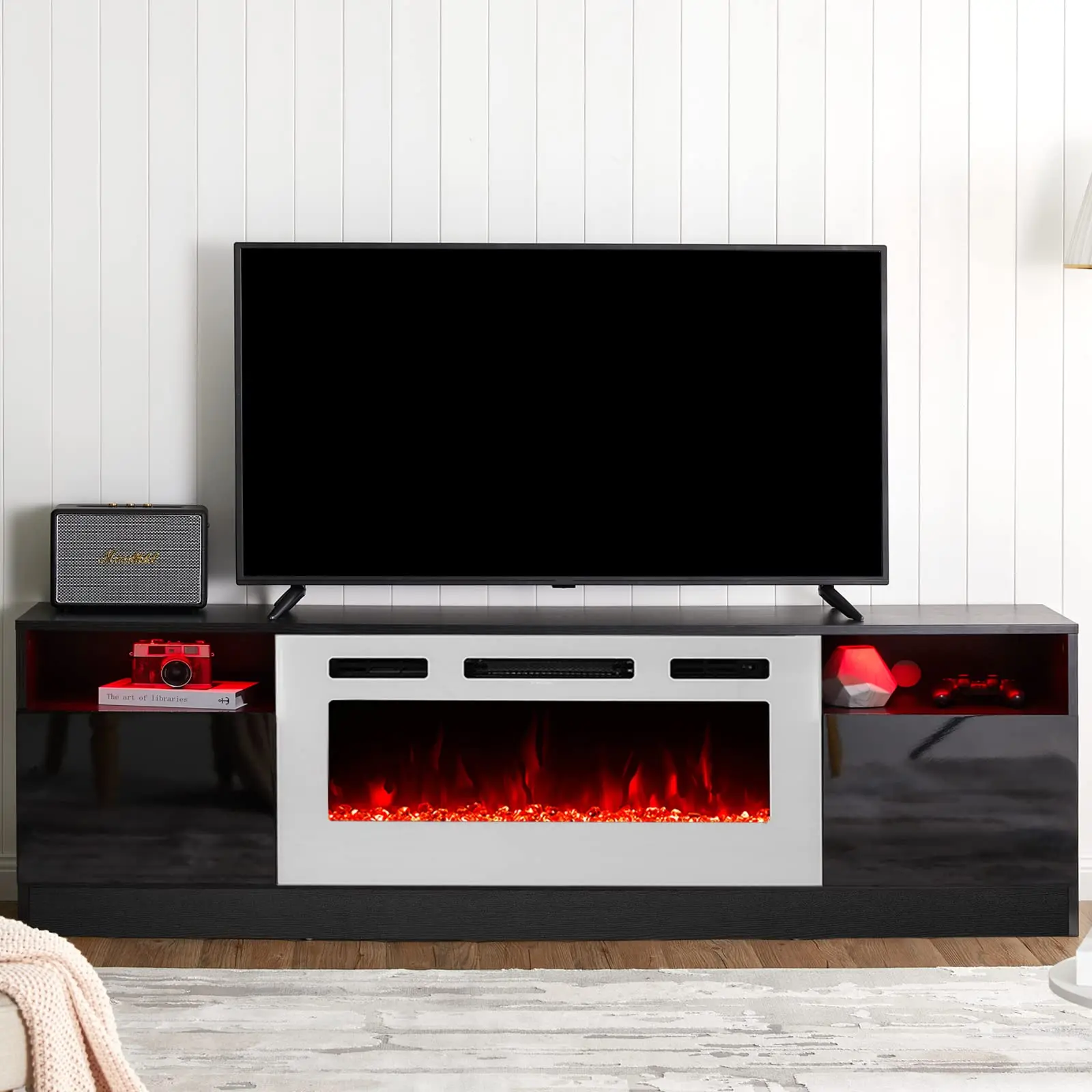 Modern High Gloss TV Stand with 36  Electric Fireplace for TVs Up to 80 , White Grey, Black TV STANDS