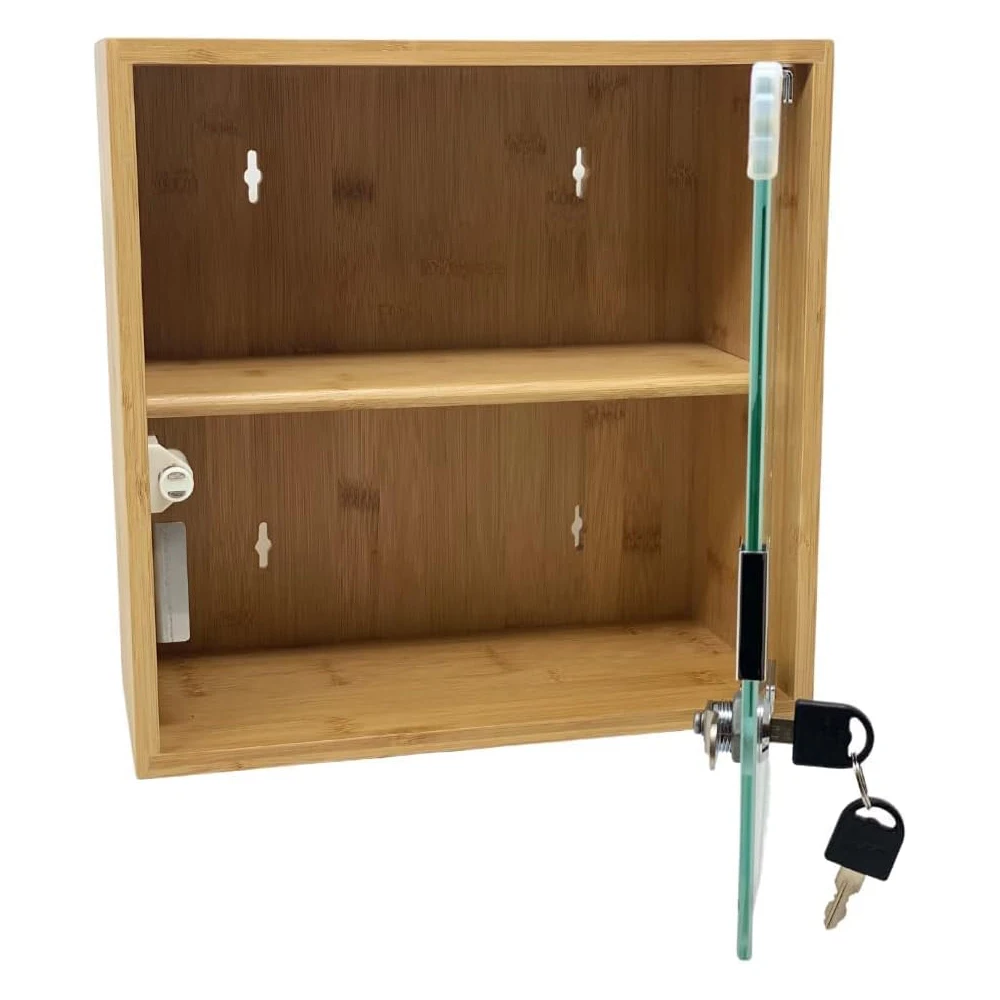 Wall Mount 2 Layer Bamboo and Glass Locking Medicine Cabinet for Bathroom or Home Use