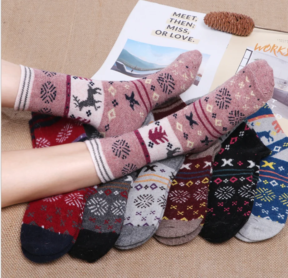 Youki Wholesale good quality Women cony hair Winter Christmas Deer Wool ladies Thicken Socks