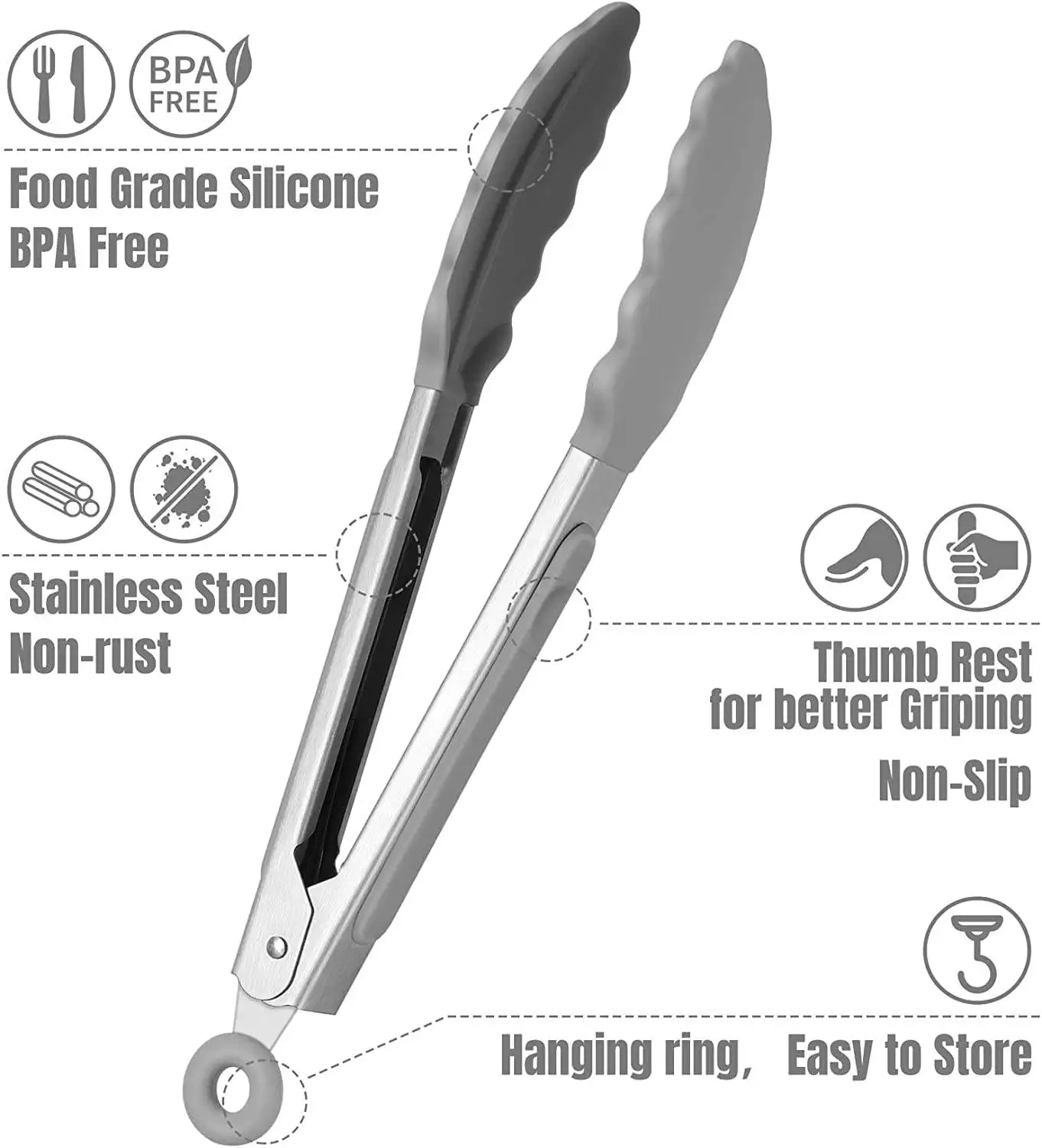 Eco-Friendly Silicone BPA Free Kitchen Tongs Non-Stick Stainless Steel Grilling Cooking Tongs for Kitchen