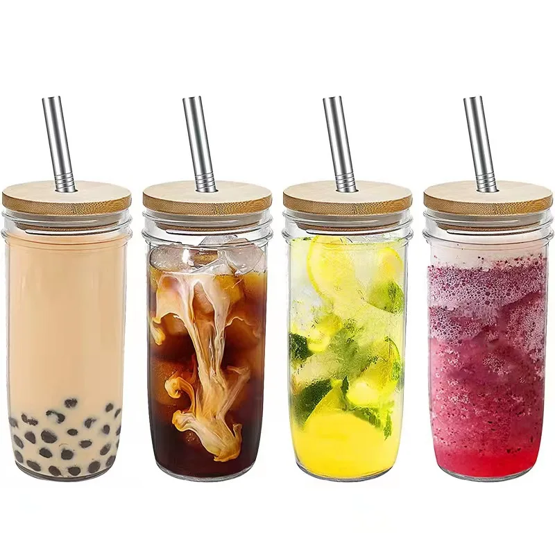 Glass drinking Cup 16 oz 24 oz DIY Sublimation Bottle Glass Mason Jar Glass Coffee Mug with Bamboo Lid and Straw