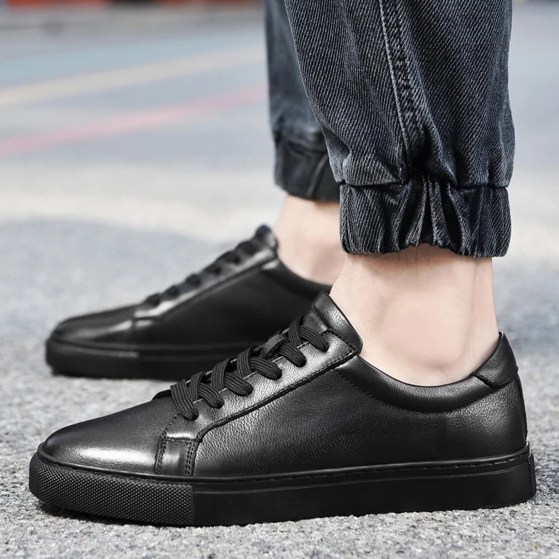 Unisex Yellow Full Black Lace Up Genuine Leather Sneakers Low Cut Shoes Size 46 47 48 49 for Men and Women