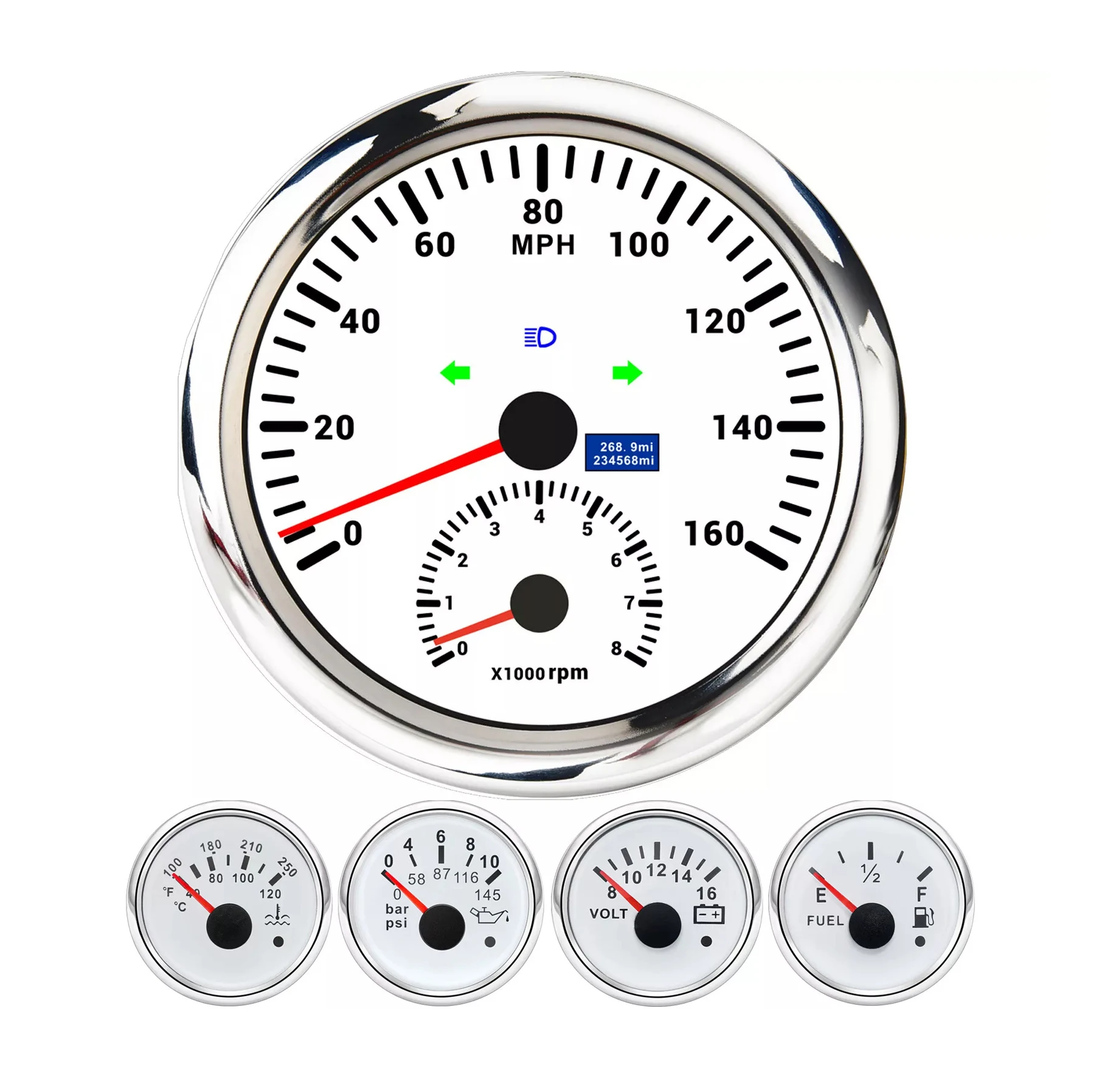 110mm Boat GPS Speedometer 160MPH White Tachometer 8000RPM 52mm Fuel Level Oil Pressure Water Temp Volt Gauge