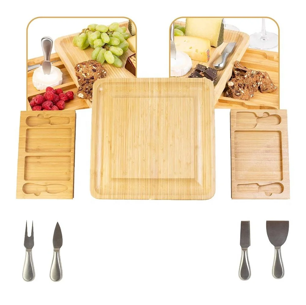 Bamboo Cheese Board and Knife Set Charcuterie Serving Platter with 2 Hidden Drawers and 4 Stainless Steel Cheese Knives