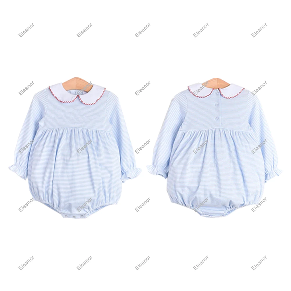 Boutique light blue stripe knitting children girls dresses long sleeve collared picot trim toddler cotton dress for kids
