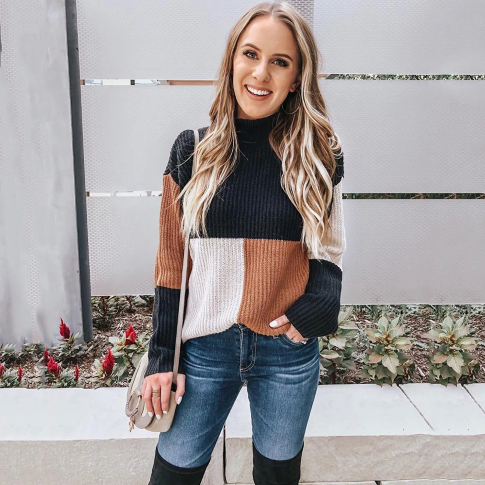 Wholesale Women Winter Sweaters Blocked Colorful Striped Ladies Knitted Sweaters  Loose Oversized Rainbow Sweater