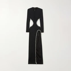 Elegant Front Slit Cutout Design Maxi Bodycon Black bead design evening Dress with Bead Decoration