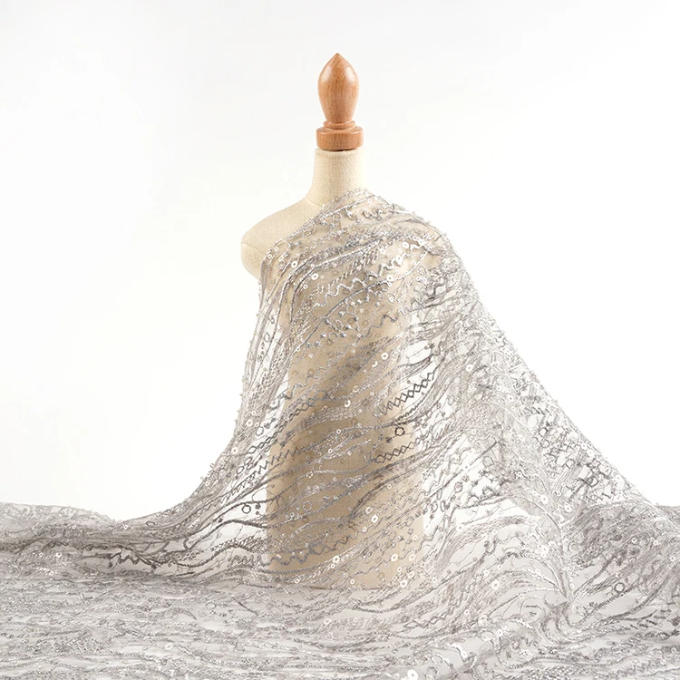 
Sequence fabric luxury french tulle mesh wedding dress bead sequin embroidered fabric 