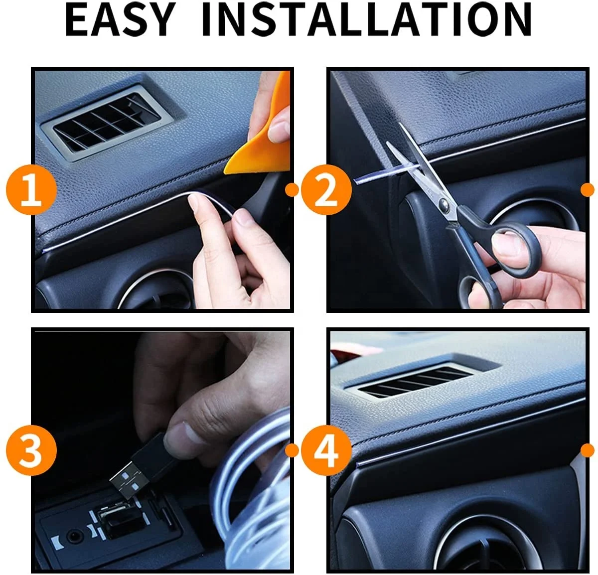 EL Wire Interior Car LED Strip Lights, USB Neon Glowing El Wire with 6mm Sewing Edge, Ambient Lighting Kits for Car, Garden