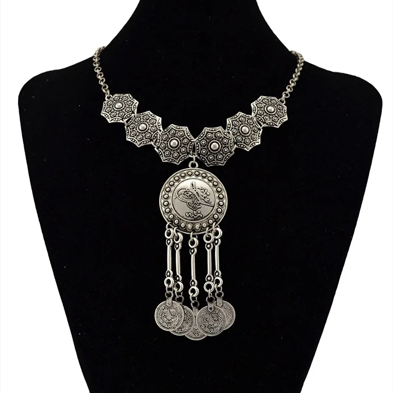 2021 Wholesale Bohemian Coin Fringe Statement Long Pendant Necklace Ethnic Tribal for Women Girls
