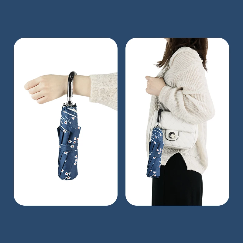 Silver Uv Protection Customised Print Flower Pattern Three Folding Umbrella With Pu Leather J Handle Folding Umbrella