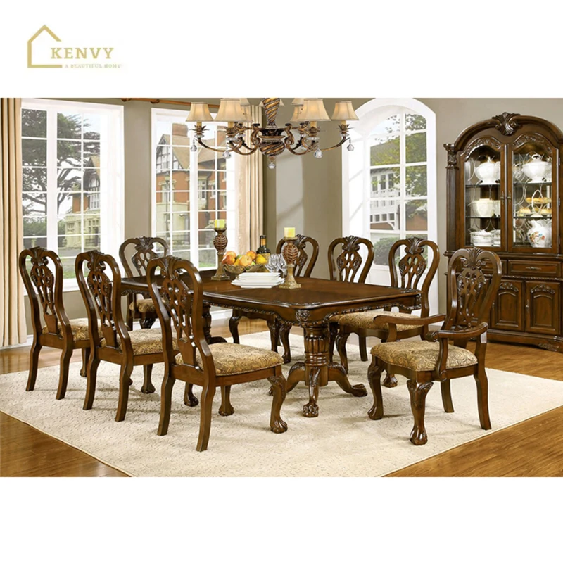 Luxurious American Solid Wood Furniture Rectangular Oval Vintage Antique Carved Wooden Dining Table Chairs Set
