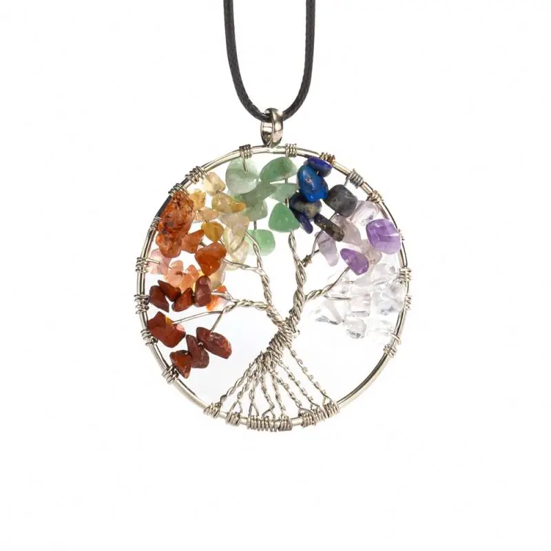 7 Chakra Energy Crystal Pendant Necklace Natural Gemstone Stone Copper Wire Wrapped Healing Crystal Wisdom Life Tree Pendant