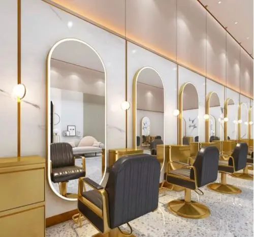 Newest Barber Hair Salon Double Sided Gold Led Salon Round Styling Mirror Station With Storage