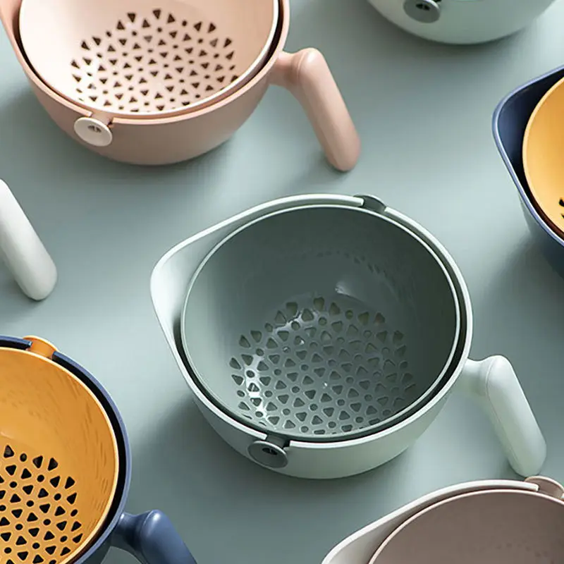 Wholesale 2 In 1 Double Layer Cleaning Vegetable Fruit Washing Durable Kitchen Colander Plastic Drain Basket with Handle