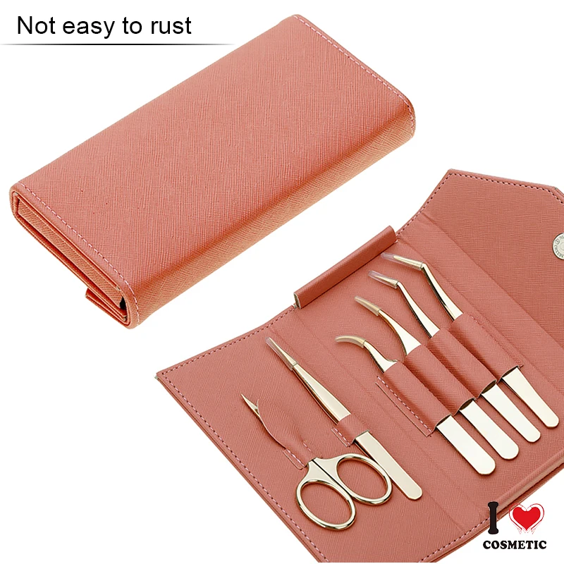 Golden Color Competitive Price False Eyelashes Applicator Tools Set Stainless Steel False Eyelash Clips with Leather Case