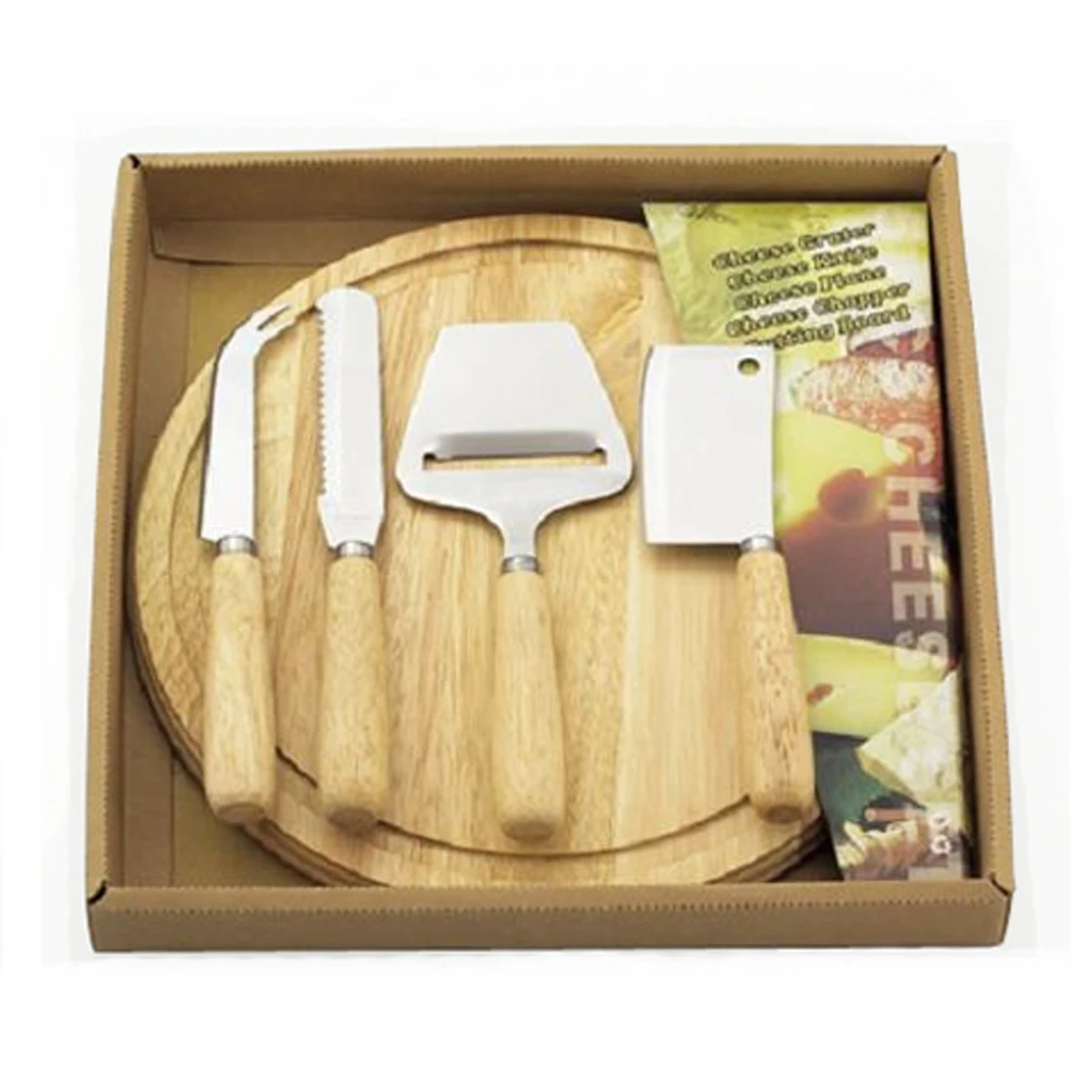 5PCS Cheese Plane and Cheese Knife Board Set with Rubber Wood Handle