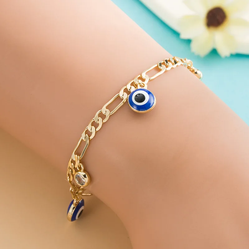 Hot Sale 14K Real Gold Plated Round Devil Eyes Women Bracelets Dripping Oil Love Heart Evil Eyes Figaro Chain Bracelet