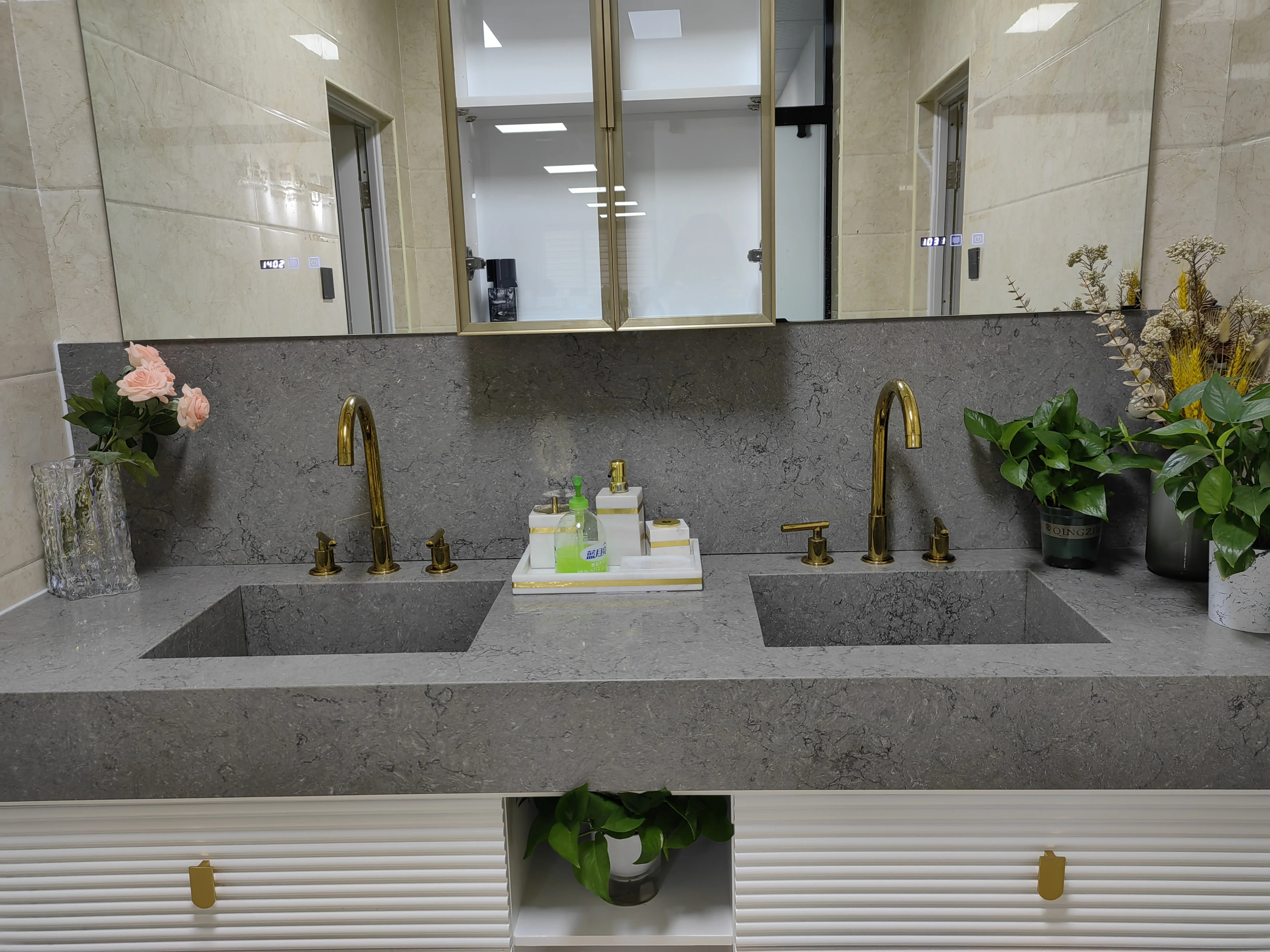AST OEM/ODM concrete Quatzo  losa Turbin Grey polished artificial stone vanity integrated sink Quartz Countertop