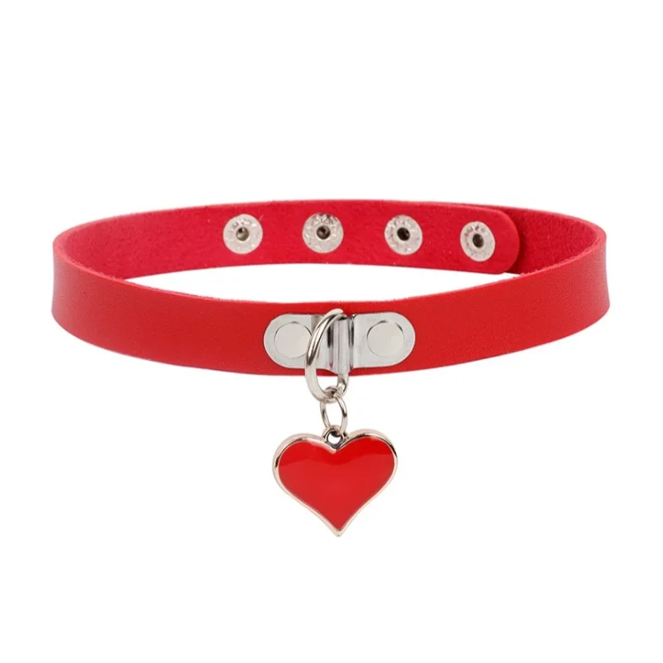 Harajuku Gothic Punk Red PU Leather Pendant Necklaces for Women Heart Star Cross Bell Choker Cosplay Party Jewelry