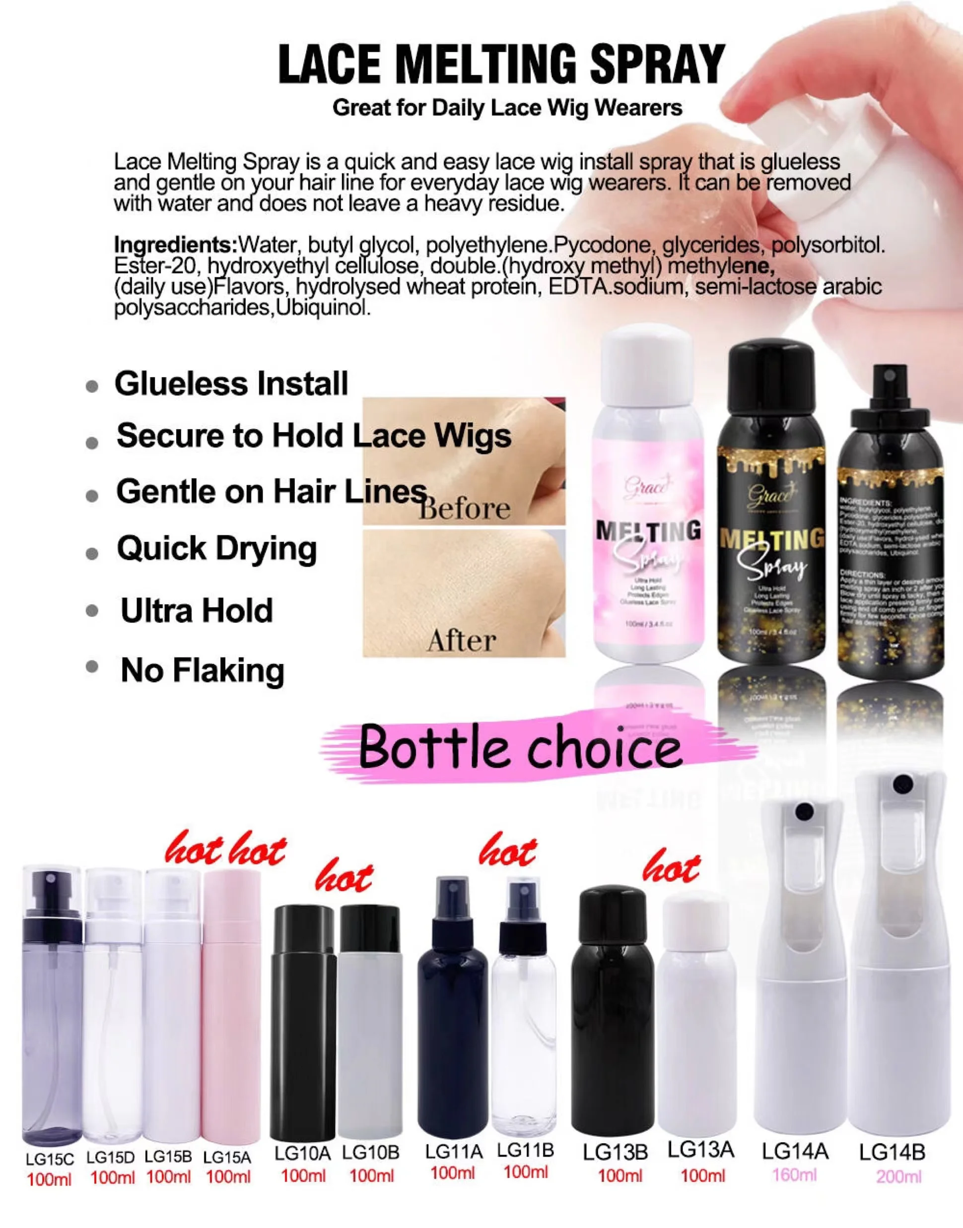 Private label Strong Hold Quick Drying Invisible finishing holding spray Melt Band Melting Spray Glue Remover Wig Lace Glue