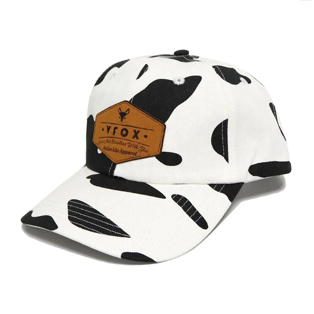 Cow printed fabric 6 panel structure baseball cap Ultra leather label Custom logo high quality outdoor baseball cap