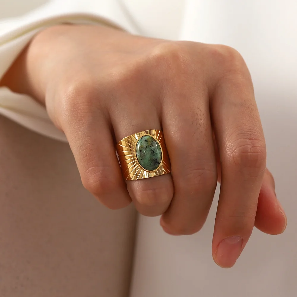 Винтажное овальное Африканское бирюзовое широкое открывающее кольцо 18K позолоченное кольцо из нержавеющей стали для женщин