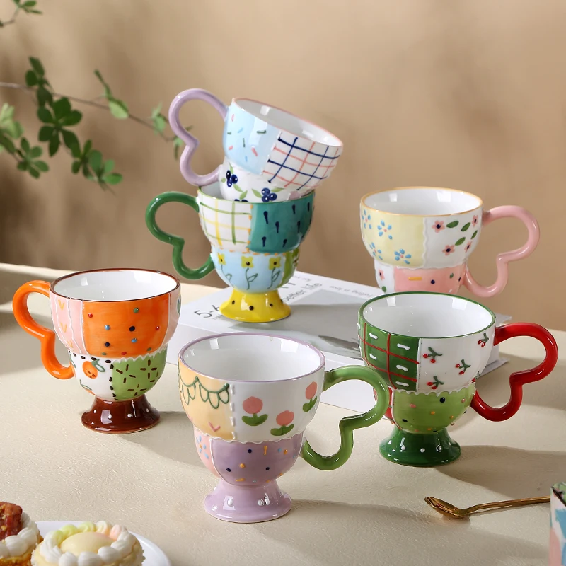 Factory direct selling hand-painted embossed breakfast milk cup butterfly handle tall ceramic mugs for gift