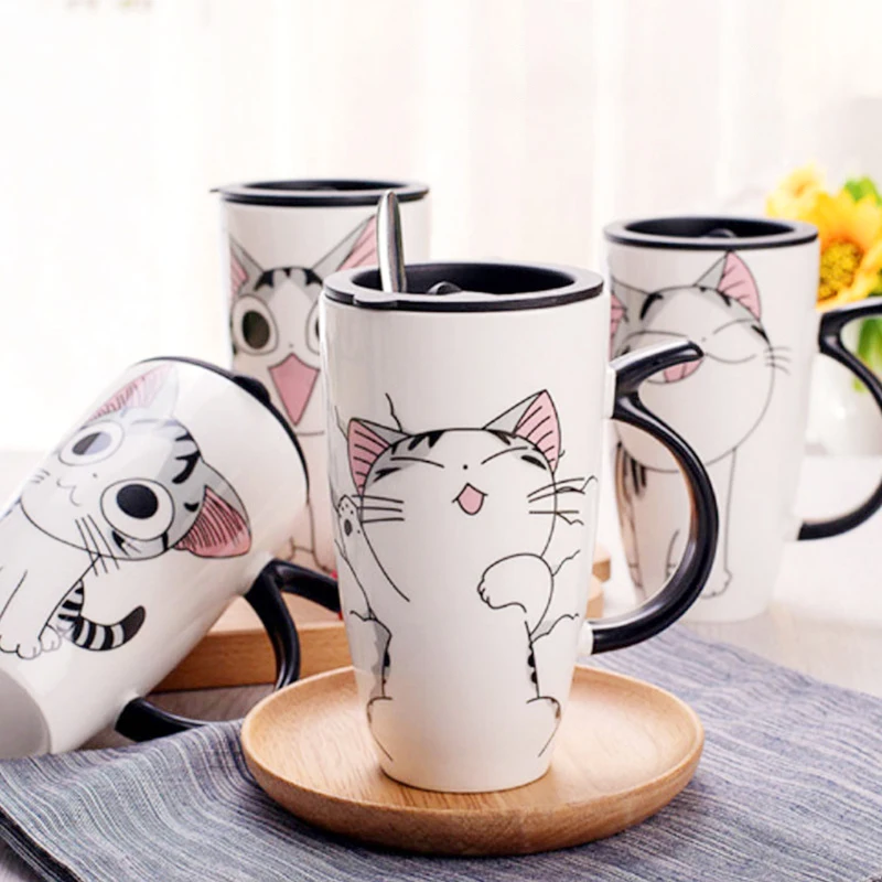 Cute Cat Ceramics Coffee Mug With Lid Large Capacity 600ml Animal Mugs creative Drinkware Coffee Tea Cups Novelty Gifts milk cup