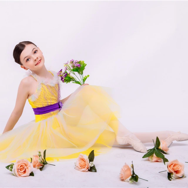 Yellow Wholesale Kids Party Dresses Tutu Dress For Girls performance wear 4 layer tutu  print tulle