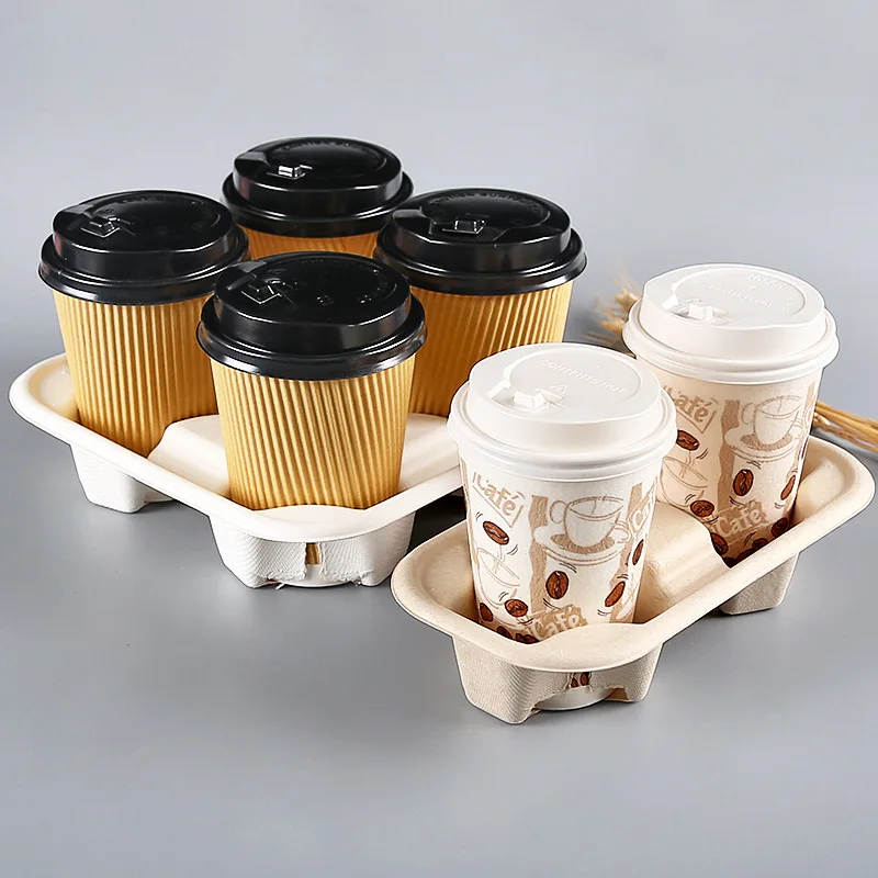Disposable Biodegradable Compostable 2cups 4cups Sugarcane Bagasse cup carrier for Coffee Cup Take Out