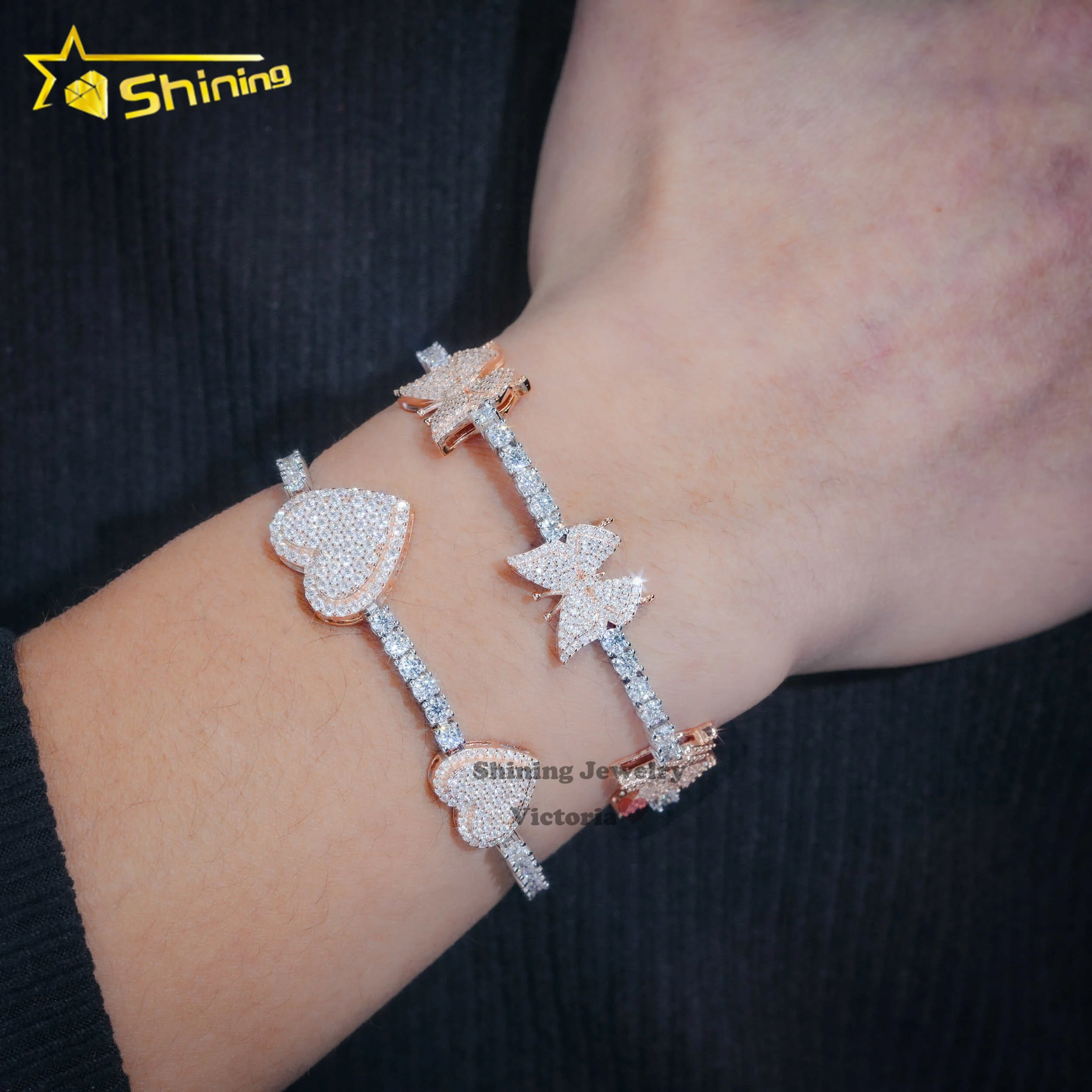 New arrival 3mm charm bracelet 925 silvert 14k gold vvs moissanite diamond butterfly and heart tennis bracelet for women men