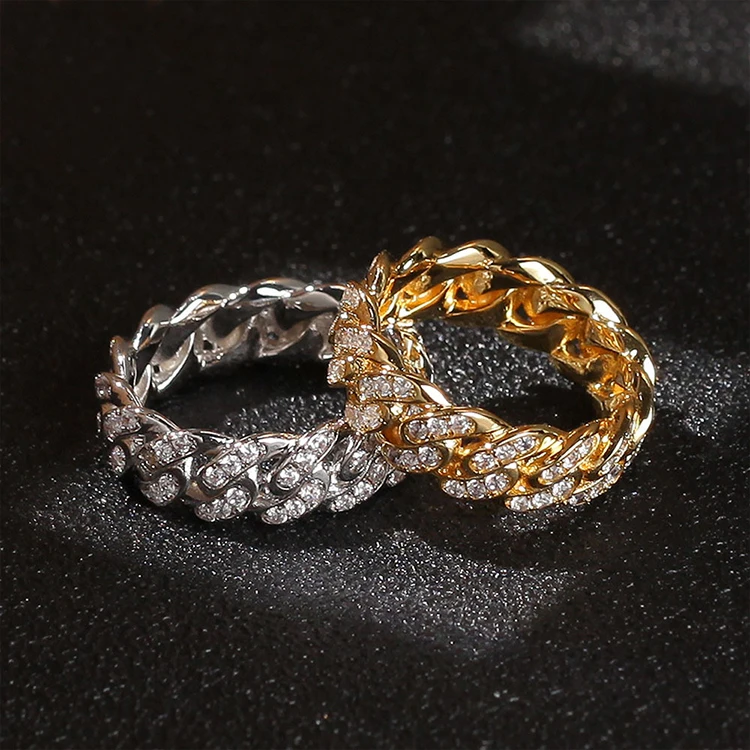G1672 Wholesale Anello Cincin Pria Hip Hop Jewelry Inlaid Shining 8MM Zircon Iced Out Cuban Link Chain Ring for Men