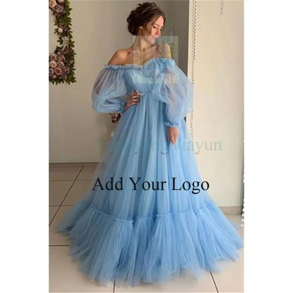 Sleeves Two Color Pink/Blue Off Shoulder Tulle Evening Dresses in Istanbul