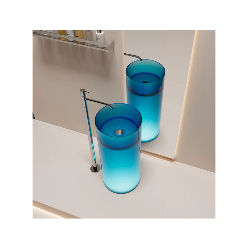 Sapphire Blue One-Piece Acrylic Bathroom Sink Hand Wash with Pedestal Polished Ceramic Marble Counter Installation for Home Use