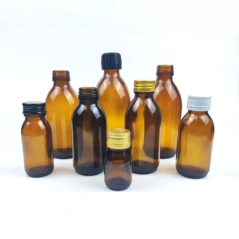 Hot sale 30ml 60ml 100ml 125ml 150ml 200ml 250ml amber syrup glass bottle with plastic/aluminium tamper proof cap for drinking